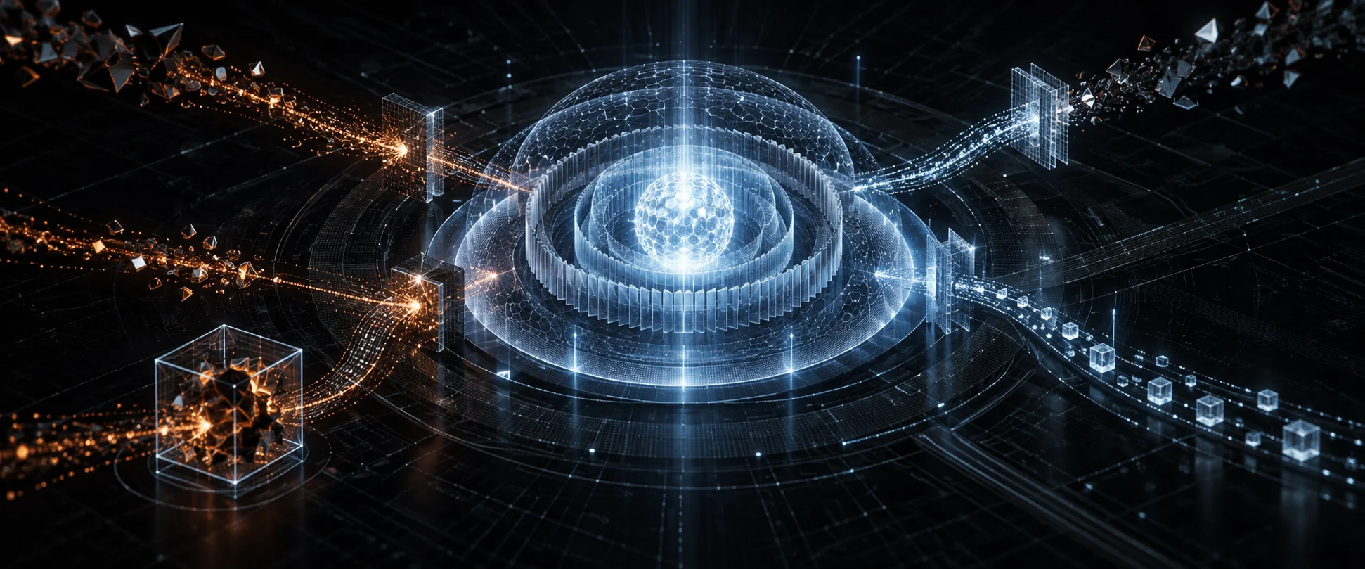 Abstract layered kernel core diverting hostile paths through multiple gates while one failed path is contained in a geometric cage.